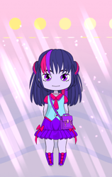 Size: 720x1136 | Tagged: safe, artist:u66589, imported from ponybooru, twilight sparkle, human, equestria girls, 4+, aesthetic background, anime, bag, bangs, cartoon, chibi, clothes, cute, dressup, female, for kids only, gacha life, hair, kids game, looking at you, schoolgirl, solo, solo female