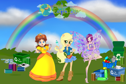 Size: 3000x2000 | Tagged: safe, artist:sugar-loop, artist:user15432, imported from derpibooru, applejack, fairy, human, equestria girls, apple daisy, barely eqg related, blue sky, bottle, butterflix, can, cloud, crossed arms, crossover, earth day, fairy wings, hand on hip, holiday, looking at you, newspaper, paper, plastic, ponied up, princess daisy, rainbow, recycle, recycle bin, recycling, school spirit, smiling, soda can, super mario bros., tecna, water bottle, wings, winx club