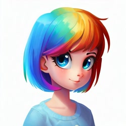 Size: 1000x1000 | Tagged: safe, imported from derpibooru, rainbow dash, human, bobcut, bust, child, clothes, humanized, looking at you, machine learning generated, portrait, shirt, short hair, simple background, smiling, smiling at you, solo, stable diffusion, t-shirt, white background, wrong eye color, younger