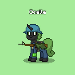 Size: 833x826 | Tagged: safe, imported from twibooru, oc, oc only, oc:ocelle, changeling, fallout equestria, blockhouse security, changeling oc, green changeling, image, in old geneva, needs more jpeg