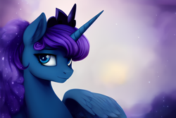 Size: 1920x1280 | Tagged: safe, derpibooru exclusive, editor:dovakkins, imported from derpibooru, princess luna, alicorn, pony, abstract background, ai content, ai generated, bust, cloud, cloudy, ear fluff, ethereal mane, feather, female, galaxy mane, generator:stable diffusion, jewelry, missing accessory, one wing out, regalia, sky, smiling, solo, stars, wavy mane, wings