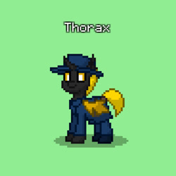 Size: 828x829 | Tagged: safe, imported from derpibooru, oc, oc only, oc:thorax, changeling, fallout equestria, ashes town, changeling oc, equidae defense forces, general, green background, in old geneva, not thorax, simple background, solo, yellow changeling