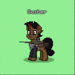 Size: 841x835 | Tagged: safe, imported from derpibooru, oc, oc only, oc:gusher, oc:pieter, pony, unicorn, fallout equestria, ashes town, bandana, clothes, green background, horn, in old geneva, mohawk, raider, simple background, solo, unicorn oc