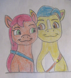 Size: 1280x1397 | Tagged: safe, artist:codetski101, imported from derpibooru, hitch trailblazer, sunny starscout, earth pony, pony, duo, duo male and female, female, g5, looking at each other, looking at someone, male, mare, shipping, simple background, smiling, stallion, straight, sunnyhitch, white background