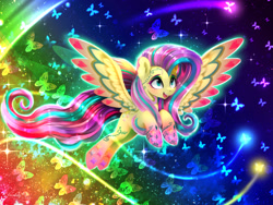 Size: 1800x1350 | Tagged: safe, artist:darksly, imported from derpibooru, fluttershy, butterfly, pegasus, pony, cute, female, flying, mare, open mouth, open smile, rainbow power, shyabetes, smiling, solo