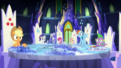 Size: 1280x720 | Tagged: safe, imported from derpibooru, screencap, applejack, fluttershy, pinkie pie, rainbow dash, rarity, spike, dragon, earth pony, pegasus, pony, unicorn, school daze, cutie map, quill, scroll, twilight's castle