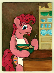 Size: 1280x1741 | Tagged: safe, artist:writtenwaiver, imported from derpibooru, pinkie pie, earth pony, pony, apron, baking, bipedal, bowl, bubble berry, clothes, facial hair, goatee, kitchen, rule 63, solo, spoon, traditional art