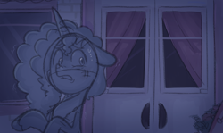 Size: 1208x721 | Tagged: safe, anonymous artist, imported from derpibooru, pony, unicorn, series:misty pov, bruised, bush, curtains, door, ears back, eyebrows, eyebrows visible through hair, female, floppy ears, g5, injured, jewelry, leaning on wall, limited palette, looking at something, mane melody (location), mare, maretime bay, misty brightdawn, necklace, nervous, shaking, sneaking, solo, sweat, sweatdrops, unshorn fetlocks, window