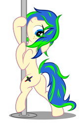 Size: 3677x5548 | Tagged: safe, artist:equestria secret guard, imported from derpibooru, oc, oc only, oc:ravebounce, earth pony, pony, butt, earth pony oc, female, jewelry, looking at you, mare, plot, pole, pole dancing, sexy, simple background, stripper pole, transparent background