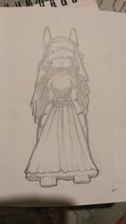 Size: 380x675 | Tagged: safe, artist:lockheart, imported from derpibooru, oc, oc only, anthro, earth pony, arm hooves, clothes, dress, female, grayscale, mare, monochrome, pencil drawing, solo, traditional art, veil, wedding dress