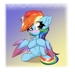 Size: 2000x2000 | Tagged: safe, artist:jubyskylines, imported from derpibooru, rainbow dash, pegasus, pony, :p, blushing, chest fluff, colored wings, colored wingtips, ear fluff, eye clipping through hair, female, gradient background, multicolored wings, raspberry, sitting, solo, sparkles, tongue out, two toned wings, wing fluff, wings