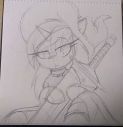 Size: 658x676 | Tagged: safe, artist:lockheart, imported from derpibooru, oc, oc only, pony, unicorn, grayscale, hat, hoof hold, lidded eyes, looking at something, looking down, monochrome, pencil drawing, solo, sword, traditional art, weapon, witch hat