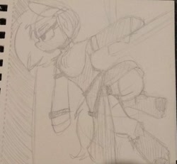 Size: 732x676 | Tagged: safe, artist:lockheart, imported from derpibooru, oc, oc only, earth pony, semi-anthro, clothes, grayscale, hanging, monochrome, pencil drawing, solo, traditional art