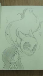 Size: 380x675 | Tagged: safe, artist:lockheart, imported from derpibooru, oc, oc only, earth pony, ghost, ghost pony, pony, floppy ears, grayscale, monochrome, pencil drawing, stitches, traditional art