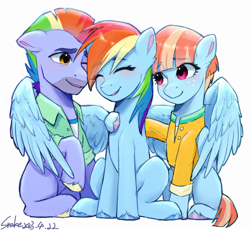 Size: 2500x2300 | Tagged: safe, artist:xiaowu07, imported from derpibooru, bow hothoof, rainbow dash, windy whistles, pegasus, pony, arm on shoulder, blushing, clothes, cute, dashabetes, eye clipping through hair, eyebrows, eyebrows visible through hair, eyes closed, family, father and child, father and daughter, female, folded wings, freckles, g4, high res, hug, male, mare, mother and child, mother and daughter, one eye closed, open mouth, open smile, rainbow dash's parents, signature, simple background, sitting, smiling, stallion, trio, white background, winghug, wings