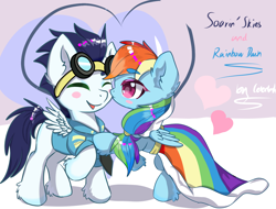 Size: 4096x3119 | Tagged: safe, artist:celedash, imported from derpibooru, rainbow dash, soarin', pegasus, pony, clothes, dress, female, kissing, male, mare, shipping, simple background, soarindash, stallion, straight, uniform