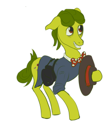Size: 1024x1183 | Tagged: safe, artist:taffy, imported from derpibooru, oc, oc only, oc:weekend hussler, earth pony, pony, fallout equestria, bag, bowtie, clothes, con artist, grin, hat, looking up, male, saddle bag, shirt, simple background, smiling, solo, stallion, tail, transparent background