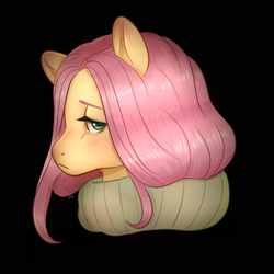 Size: 1280x1280 | Tagged: safe, artist:cutievarka, artist:ilia--art, imported from derpibooru, fluttershy, pegasus, pony, black background, bust, clothes, female, lidded eyes, looking at you, mare, profile, simple background, solo, turtleneck