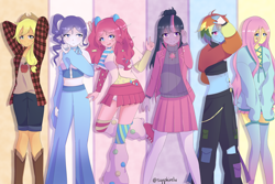 Size: 3600x2400 | Tagged: safe, artist:sapphireliv, imported from derpibooru, applejack, fluttershy, pinkie pie, rainbow dash, rarity, twilight sparkle, human, equestria girls, abs, alternate hairstyle, clothes, female, group, high res, humanized, mane six, microskirt, miniskirt, pants, pony coloring, sextet, skirt, socks, thigh highs, thigh socks