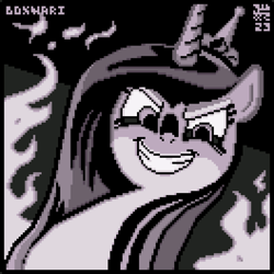 Size: 1056x1056 | Tagged: safe, artist:boxwari, imported from derpibooru, princess cadance, queen chrysalis, alicorn, pony, bust, disguise, disguised changeling, evil grin, fake cadance, female, fire, grin, looking at you, mare, monochrome, pixel art, signature, sinister smile, smiling, smiling at you, solo