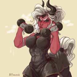 Size: 1080x1080 | Tagged: safe, artist:anoraknr, imported from derpibooru, lord tirek, centaur, taur, breasts, busty lady tirek, dumbbell (object), female, hand wraps, lady tirek, muscles, muscular female, rule 63, signature, solo, sweat, weight lifting, weights, workout, workout outfit