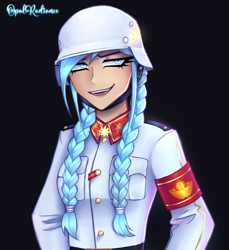 Size: 2596x2840 | Tagged: safe, artist:opal_radiance, imported from derpibooru, oc, oc only, oc:opal rosamond, human, braid, clothes, dark background, helmet, humanized, solar empire, solo, uniform