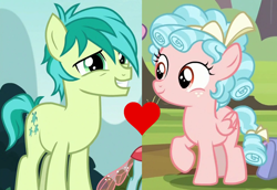 Size: 972x668 | Tagged: safe, edit, edited screencap, imported from derpibooru, screencap, cozy glow, ocellus, sandbar, earth pony, pegasus, pony, marks for effort, school daze, age difference, colt, cozybar, female, filly, foal, heart, male, shipping, shipping domino, smiling, straight, teenager