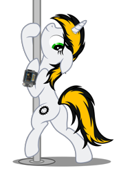 Size: 3877x5522 | Tagged: safe, artist:equestria secret guard, imported from derpibooru, oc, oc only, oc:446, pony, unicorn, fallout equestria, butt, fallout, female, horn, jewelry, looking at you, mare, pipbuck, plot, pole, pole dancing, sexy, simple background, stripper pole, transparent background, unicorn oc