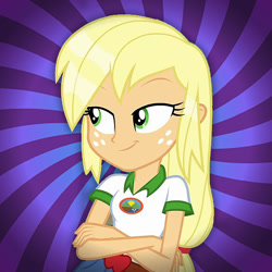 Size: 564x564 | Tagged: safe, imported from derpibooru, applejack, human, equestria girls, beautiful, cute, everfree forest, female, green eyes, hatless, hypnotic, lake, missing accessory, solo, water, wet hair