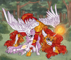 Size: 2858x2425 | Tagged: artist needed, source needed, safe, imported from derpibooru, princess celestia, oc, oc:king phoenix, alicorn, pony, alicorn oc, armor, cewestia, clothes, duo, fear, female, filly, filly celestia, fireball, foal, forest, guard, horn, magic, pink-mane celestia, protecting, sad, wings, young celestia, younger