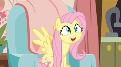 Size: 2129x1186 | Tagged: safe, imported from derpibooru, screencap, fluttershy, pegasus, pony, discordant harmony, chair, curtains, excited, female, happy, kitchen, living room, mare, sink, sitting, solo, spread wings, wings