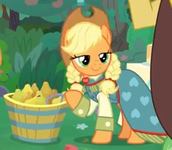Size: 560x488 | Tagged: safe, imported from derpibooru, screencap, applejack, discord, earth pony, pony, the big mac question, alternate hairstyle, basket, bedroom eyes, braid, bush, clothes, cropped, cute, dress, food, happy, jackabetes, pear, pigtails, smiling, sweet apple acres, table, tree, wedding