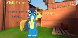 Size: 1360x666 | Tagged: safe, imported from derpibooru, braeburn, soarin', earth pony, pegasus, /mlp/ tf2 general, barrel, braeburn's hat, clothes, dustbowl, gay, hat, hoof on shoulder, implied gay, male, pallet, team fortress 2, text, uniform, wonderbolts uniform