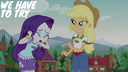 Size: 1920x1080 | Tagged: safe, edit, edited screencap, editor:quoterific, imported from derpibooru, screencap, applejack, rarity, human, equestria girls, legend of everfree, camp everfree, forest, mountain