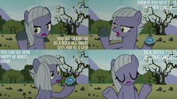 Size: 2000x1125 | Tagged: safe, edit, edited screencap, editor:quoterific, imported from derpibooru, screencap, limestone pie, the maud couple, geode, rock, solo, tree