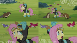 Size: 2000x1125 | Tagged: safe, edit, edited screencap, editor:quoterific, imported from derpibooru, screencap, fluttershy, beaver, bird, magic duel, clothes, costume, dangerous mission outfit, goggles, hoodie, solo