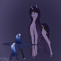 Size: 4000x4000 | Tagged: safe, artist:stardustspix, imported from derpibooru, oc, oc only, oc:andromeda arcanum, oc:kyanite arc, pegasus, pony, unicorn, absurd resolution, amputee, blue mane, duo, eyeshadow, female, gradient mane, horn, larger female, lidded eyes, makeup, male, mare, prosthetic leg, prosthetic limb, prosthetics, purple mane, size difference, smaller male, spread wings, stallion, wings