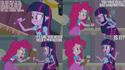 Size: 2000x1125 | Tagged: safe, edit, edited screencap, editor:quoterific, imported from derpibooru, screencap, pinkie pie, twilight sparkle, human, equestria girls, equestria girls (movie), clipboard, pen