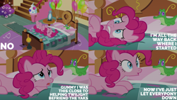 Size: 2000x1125 | Tagged: safe, edit, edited screencap, editor:quoterific, imported from derpibooru, screencap, gummy, pinkie pie, party pooped, balloon, bed, sugarcube corner