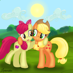 Size: 1400x1400 | Tagged: safe, artist:mlplary6, imported from derpibooru, apple bloom, applejack, earth pony, pony, adorabloom, apple sisters, applejack's hat, bow, cloud, cowboy hat, cute, female, hair bow, hat, hug, jackabetes, looking at each other, looking at someone, mare, older, older apple bloom, sibling love, siblings, sisters, sky, smiling, smiling at each other, sun