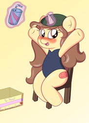 Size: 2550x3509 | Tagged: safe, artist:sparkfler85, imported from derpibooru, oc, oc only, oc:hymyt, pony, unicorn, arms in the air, blushing, box, chair, clothes, drink, female, happy, hat, magic, mare, one-piece swimsuit, present, simple background, sitting, solo, sukumizu, swimsuit, telekinesis