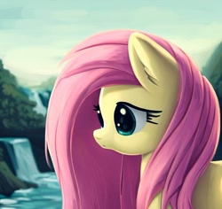 Size: 1024x967 | Tagged: safe, imported from derpibooru, prompter:calus, fluttershy, pegasus, pony, ai content, ai generated, river, solo, water, waterfall