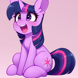 Size: 512x512 | Tagged: safe, imported from derpibooru, twilight sparkle, pony, unicorn, ai content, ai generated, cute, ear fluff, female, generator:purplesmart.ai, generator:stable diffusion, looking up, mare, open mouth, simple background, sitting, solo, unicorn twilight