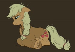 Size: 3286x2272 | Tagged: safe, artist:bearpone2, imported from derpibooru, applejack, earth pony, pony, brown background, crying, hatless, lying down, missing accessory, prone, sad, simple background, solo, unshorn fetlocks