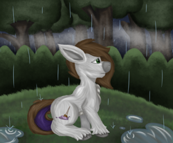 Size: 3212x2657 | Tagged: safe, artist:lil_vampirecj, imported from derpibooru, oc, oc only, oc:cj vampire, earth pony, pony, digital, digital art, forest, forest background, krita, puddle, rain, scene, sitting, solo, tree