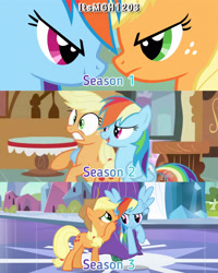 Size: 2458x3072 | Tagged: safe, edit, edited screencap, editor:itsmgh1203, imported from derpibooru, screencap, applejack, rainbow dash, earth pony, pegasus, pony, fall weather friends, season 1, season 2, season 3, the crystal empire, the mysterious mare do well, applejack's hat, cowboy hat, crystal empire, duo, duo female, female, flying, hat, hub logo, logo, mare, open mouth, open smile, smiling, smirk, spread wings, sugarcube corner, text, the hub, wings