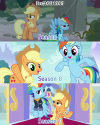 Size: 2458x3072 | Tagged: safe, edit, edited screencap, editor:itsmgh1203, imported from derpibooru, screencap, applejack, rainbow dash, earth pony, pegasus, pony, non-compete clause, season 7, season 8, season 9, shadow play, the last problem, spoiler:s08, spoiler:s09, applejack's hat, cowboy hat, duo, duo female, female, flying, hat, mare, older, older applejack, older rainbow dash, open mouth, open smile, smiling, spread wings, text, wings