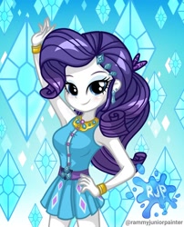 Size: 1080x1335 | Tagged: safe, alternate version, artist:rjp.rammy, imported from derpibooru, rarity, human, equestria girls, equestria girls series, armpits, bare shoulders, bracelet, breasts, busty rarity, clothes, cutie mark on clothes, female, hairpin, hand on hip, jewelry, looking at you, ponytail, rarity peplum dress, reasonably sized breasts, signature, sleeveless, smiling, smiling at you, solo