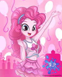 Size: 2015x2490 | Tagged: safe, artist:rjp.rammy, imported from derpibooru, pinkie pie, human, equestria girls, equestria girls series, armpits, bare shoulders, belly button, blushing, breasts, busty pinkie pie, clothes, cute, cutie mark on clothes, diapinkes, female, looking at you, open mouth, open smile, reasonably sized breasts, signature, sleeveless, smiling, smiling at you, solo, tanktop