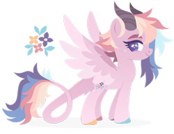 Size: 1920x1482 | Tagged: safe, artist:kabuvee, imported from derpibooru, oc, oc:rainbow bloom, pegasus, female, horns, mare, quadrupedal, simple background, solo, tail wings, transparent background